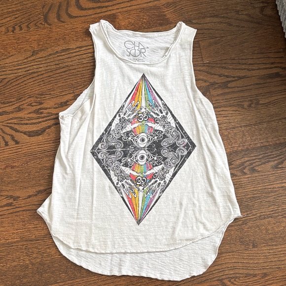 Chaser Tops - Chaser White Graphic Muscle Tee with Multicolor Design